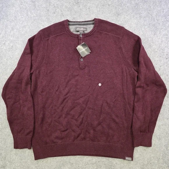 Eddie Bauer Sweater Mens Large Red 100% Cotton Henley Knit Crew Neck Pullover - Picture 2 of 13